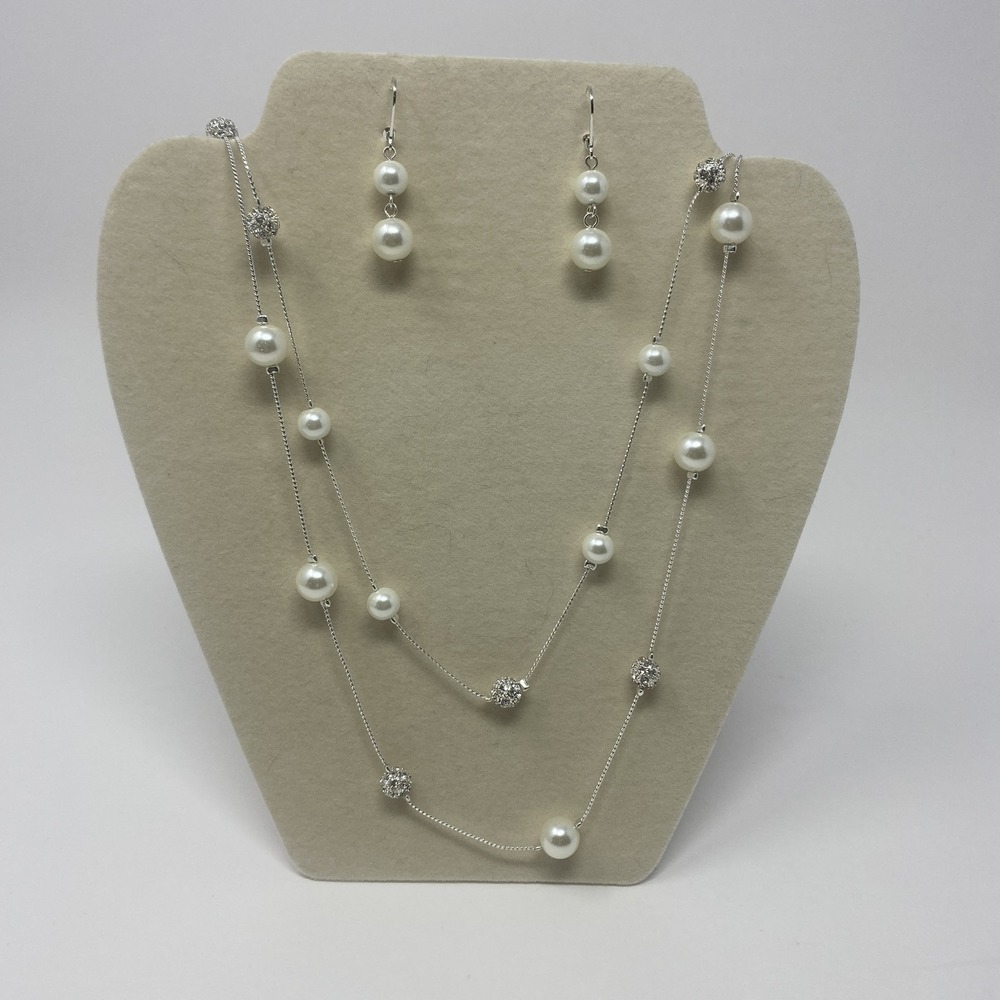 You're Invited Silver Tone Faux Pearl & Crystal Ball Long Layered Necklace